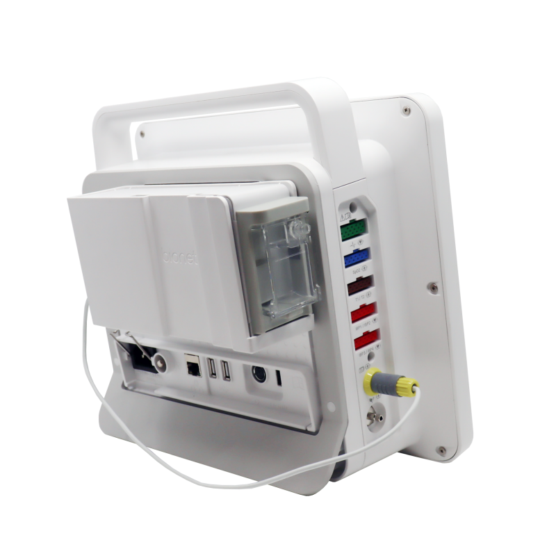 Brio X5VET veterinary patient monitor rear view detailing IBP, ECG, SpO2 and temperature connector ports plus USB and network I/O for clinical integration