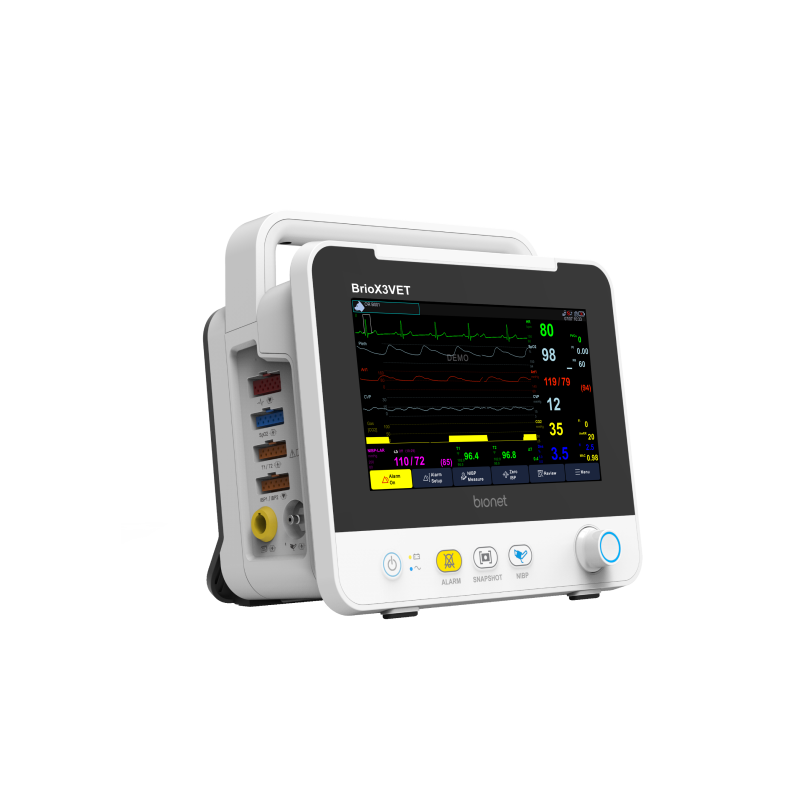 Brio X3VET veterinary patient monitor left three-quarter view showing carrying handle and side I/O ports for ECG, SpO2, NIBP and temperature probes