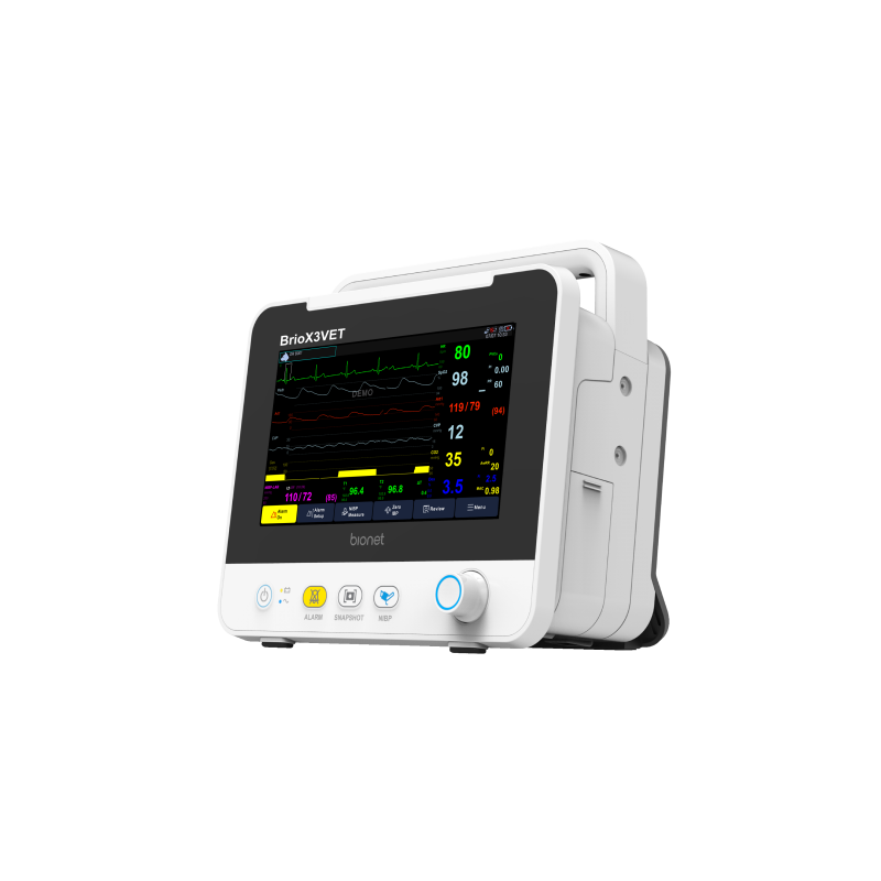 Brio X3VET veterinary patient monitor right three-quarter view showing carrying handle and compact form factor for animal vital signs monitoring
