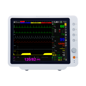 BM7VET Elite veterinary patient monitor front view with 12.1-inch touchscreen displaying multi-parameter vital signs including ECG, SpO2, NIBP, EtCO2 and temperature for animal patients