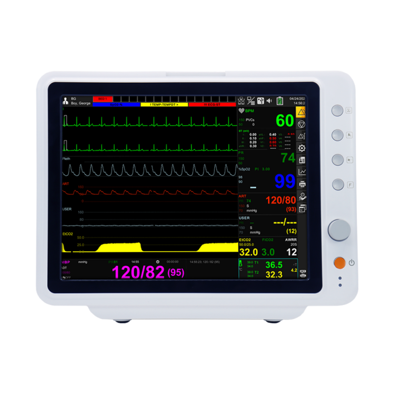 BM7VET Elite veterinary patient monitor front view with 12.1-inch touchscreen displaying multi-parameter vital signs including ECG, SpO2, NIBP, EtCO2 and temperature for animal patients