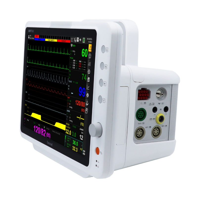 BM7VET Elite veterinary patient monitor right three-quarter view showing 12.1-inch display and side-mounted multi-parameter module with SpO2, IBP and gas connectors