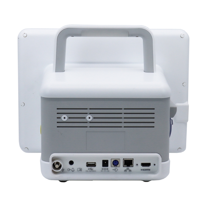 BM7VET Elite veterinary patient monitor rear view showing carry handle, ventilation grille and I/O ports including USB, HDMI and LAN for clinic connectivity