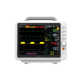 BM5VET Elite veterinary patient monitor front view with 10-inch color display showing ECG, SpO2, NIBP, temperature and respiration vital signs for animal patients