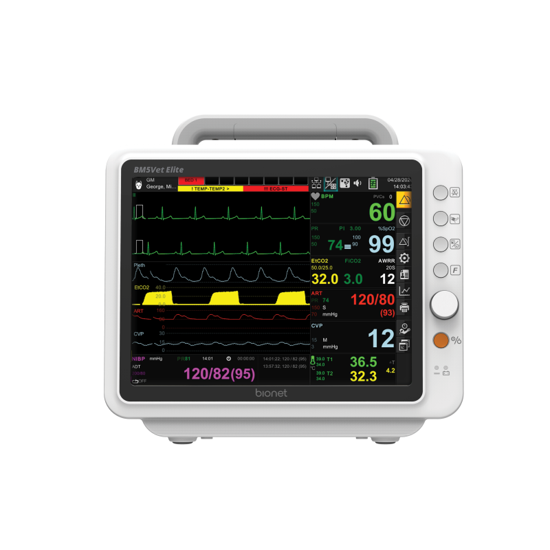BM5VET Elite veterinary patient monitor front view with 10-inch color display showing ECG, SpO2, NIBP, temperature and respiration vital signs for animal patients