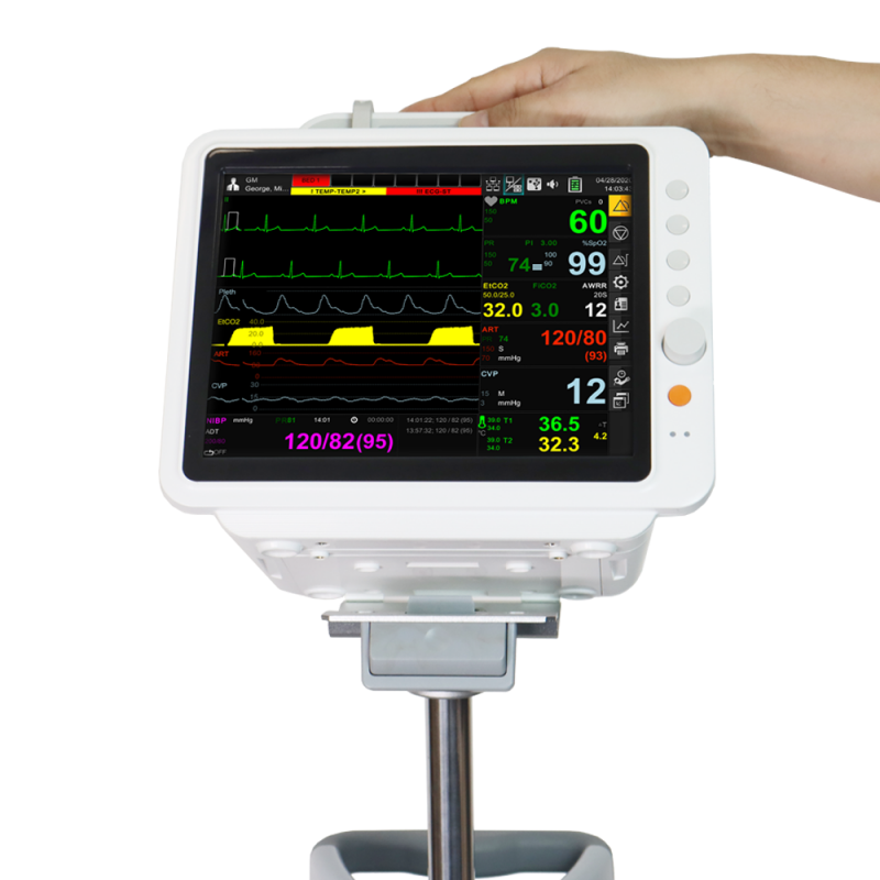 BM5VET Elite veterinary patient monitor mounted on a rolling stand with clinician hand for scale, displaying live multi-parameter waveforms during animal monitoring