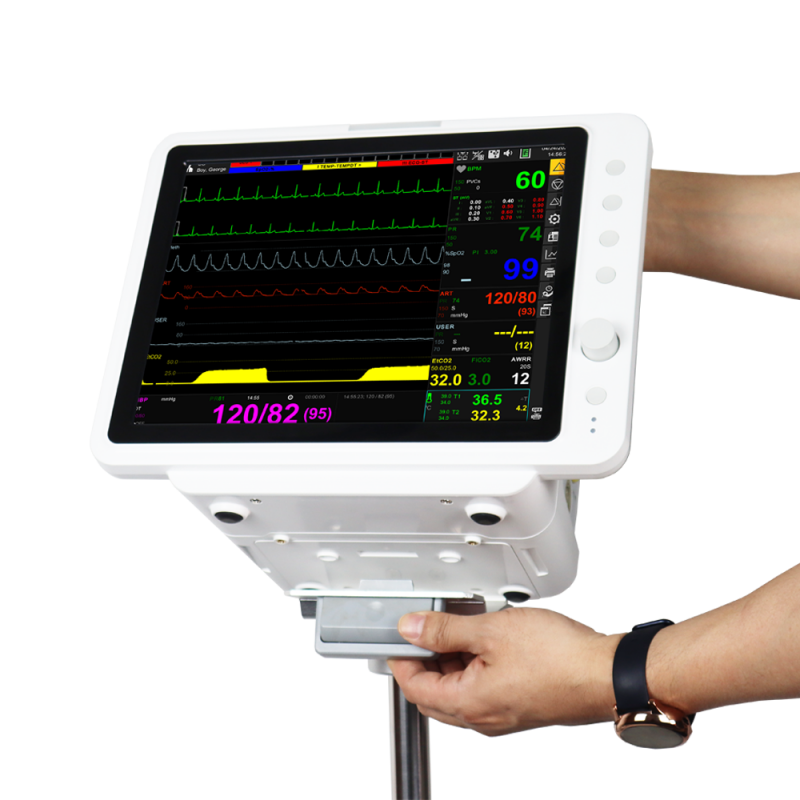 BM5VET Elite veterinary patient monitor pole-mounted on a stand, left three-quarter view with veterinarian hand adjusting the unit and vital signs visible on screen