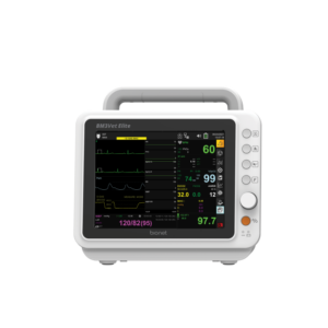 BM3VET Elite veterinary patient monitor front view with portable touchscreen display showing ECG, SpO2, NIBP, EtCO2 and temperature vital signs with carry handle