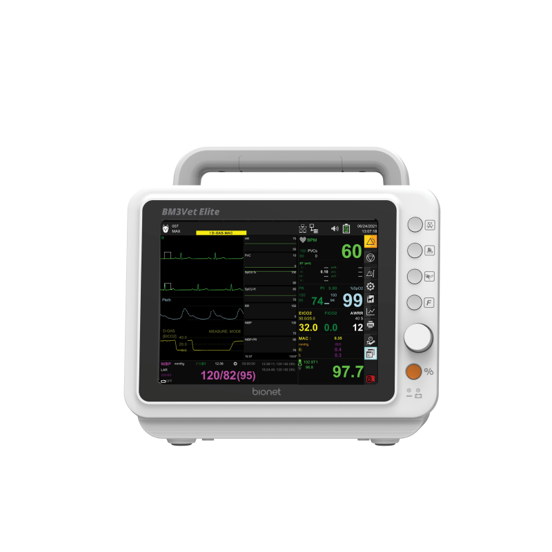 BM3VET Elite veterinary patient monitor front view with portable touchscreen display showing ECG, SpO2, NIBP, EtCO2 and temperature vital signs with carry handle