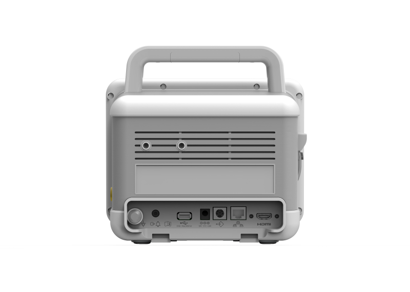 BM3VET Elite veterinary patient monitor rear view showing carry handle, ventilation grille and I/O ports including USB, DC power, network and HDMI
