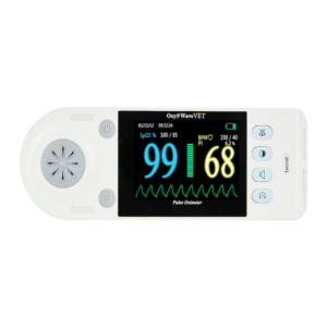 Oxy9waveVET veterinary handheld pulse oximeter horizontal front view with color display showing SpO2 99% and pulse rate 68 BPM with plethysmograph waveform