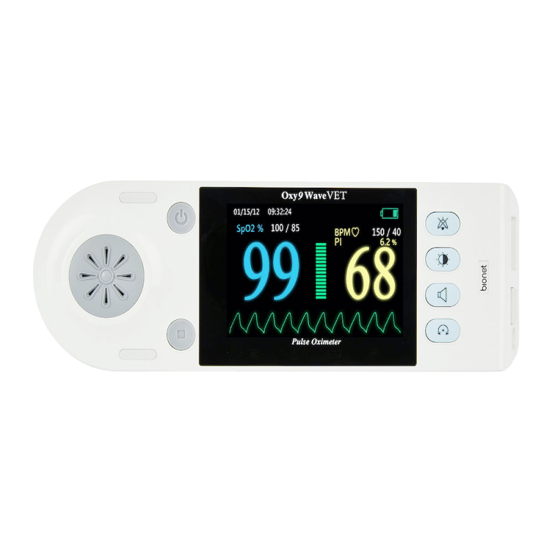 Oxy9waveVET veterinary handheld pulse oximeter horizontal front view with color display showing SpO2 99% and pulse rate 68 BPM with plethysmograph waveform