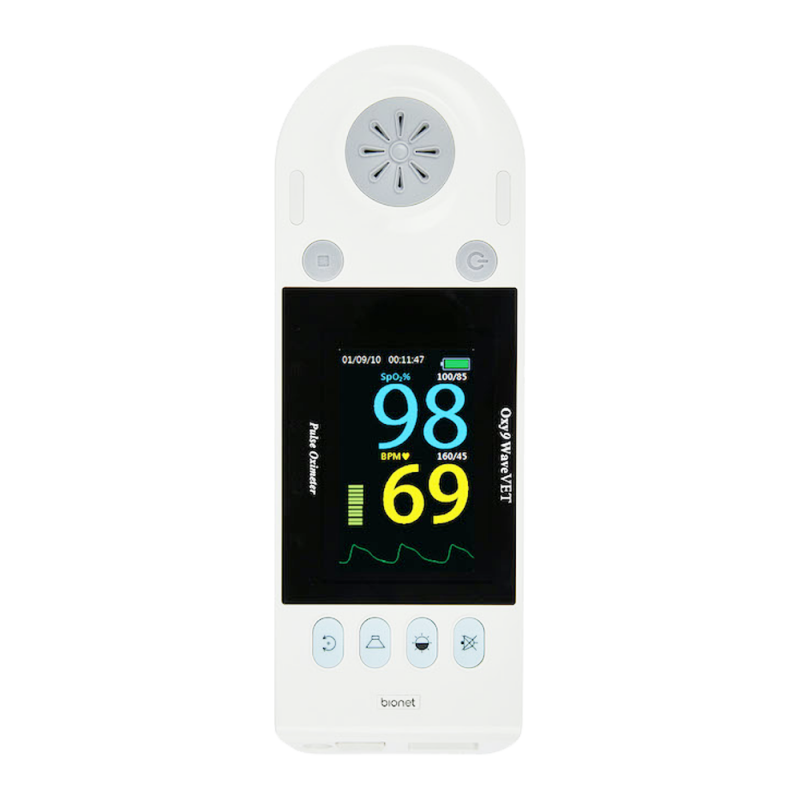 Oxy9waveVET veterinary handheld pulse oximeter vertical front view showing rotated SpO2 and BPM readings with plethysmograph waveform for animal vital signs monitoring