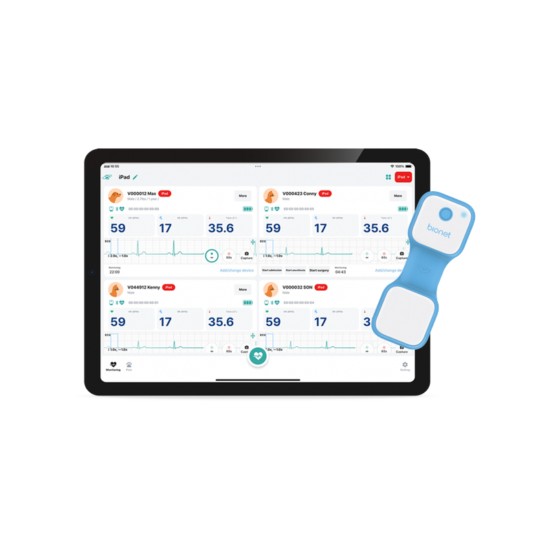 O'Pet Curv veterinary wearable sensor with O'Pet Link tablet app monitoring multiple pet patients vital signs including heart rate, respiratory rate and body temperature wirelessly