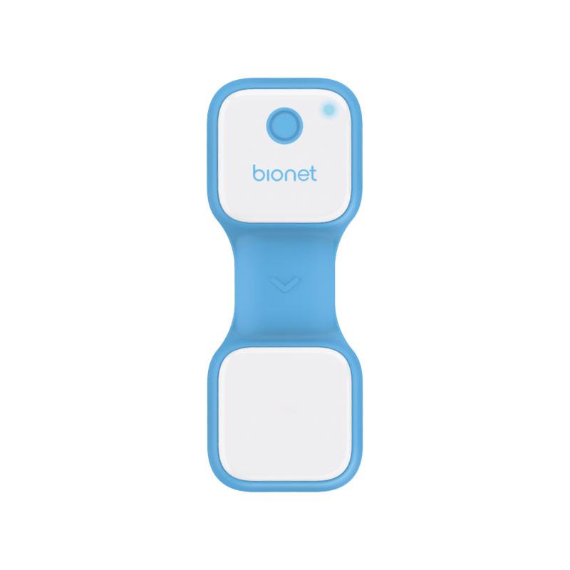 O'Pet Curv veterinary wearable smart patch sensor front view in blue silicone case with bionet logo for wireless pet vital signs monitoring without shaving