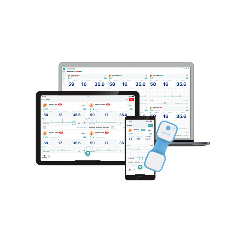 O'Pet Curv veterinary wearable sensor multi-device monitoring with O'Pet Central laptop, O'Pet Link tablet and smartphone displaying real-time pet vital signs across platforms