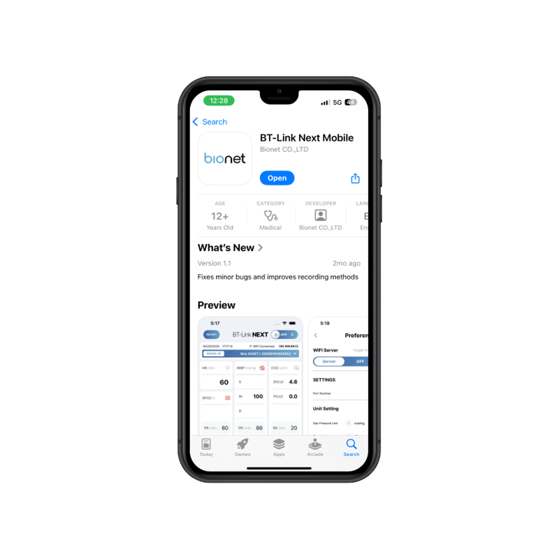 BT-Link Next Mobile veterinary networking app shown in Apple App Store on iPhone, developed by Bionet CO.,LTD with preview screenshots of the dashboard