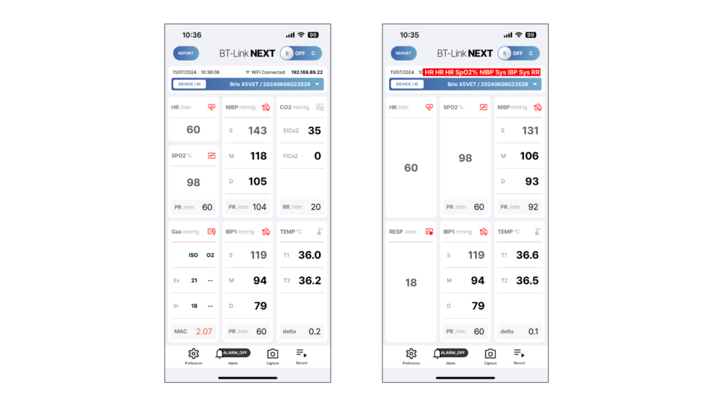 bt-link-next-mobile-app-dashboard-side-by-side-comparison BT-Link Next Mobile app dashboard side-by-side comparison showing full multi-parameter view and customized parameter view connected to Brio X5VET veterinary patient monitor