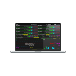 BT-Link Next veterinary central monitoring software running on laptop displaying real-time multi-parameter waveforms and numerics from up to 8 connected Bionet veterinary patient monitors