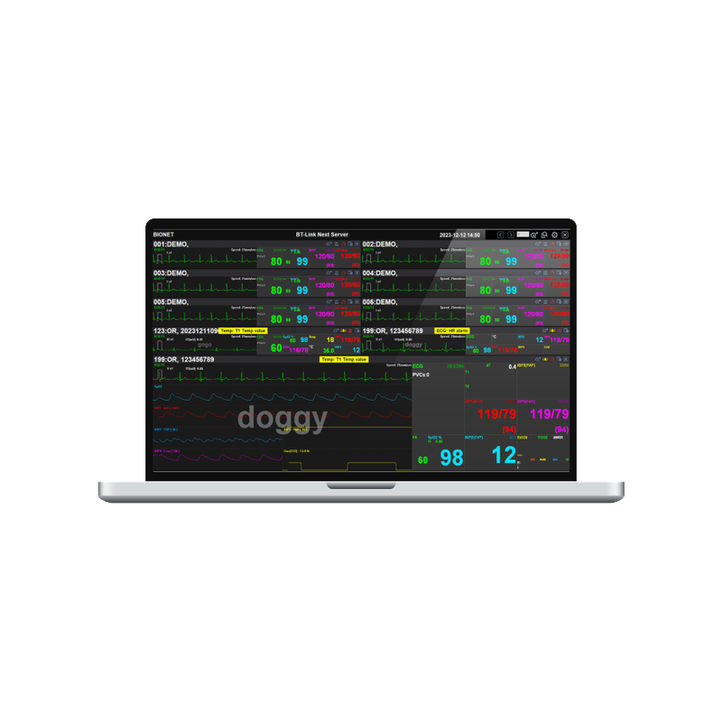 BT-Link Next veterinary central monitoring software running on laptop displaying real-time multi-parameter waveforms and numerics from up to 8 connected Bionet veterinary patient monitors