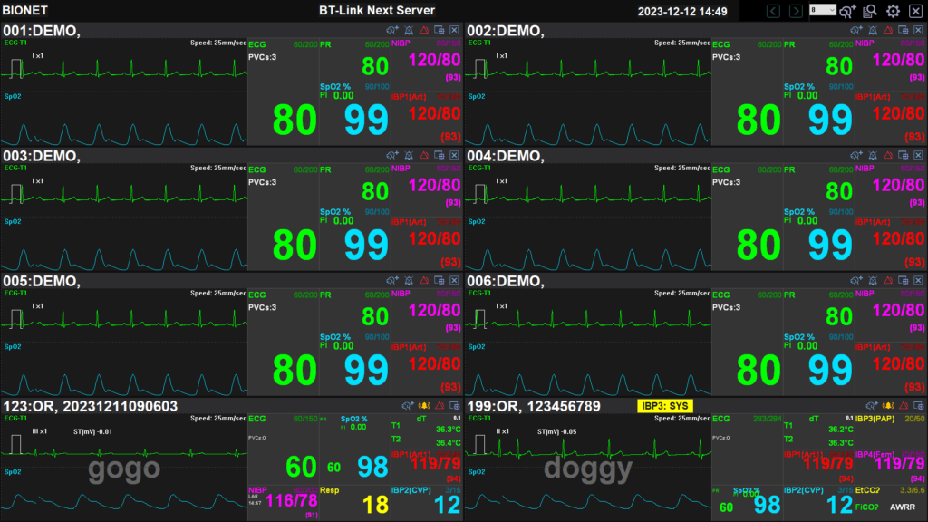 bt-link-next-veterinary-central-monitoring-server-eight-bed-multi-parameter-view BT-Link Next Server software 8-bed multi-parameter monitoring view displaying ECG, SpO2, NIBP, IBP and PR waveforms and numerics from connected Bionet veterinary monitors
