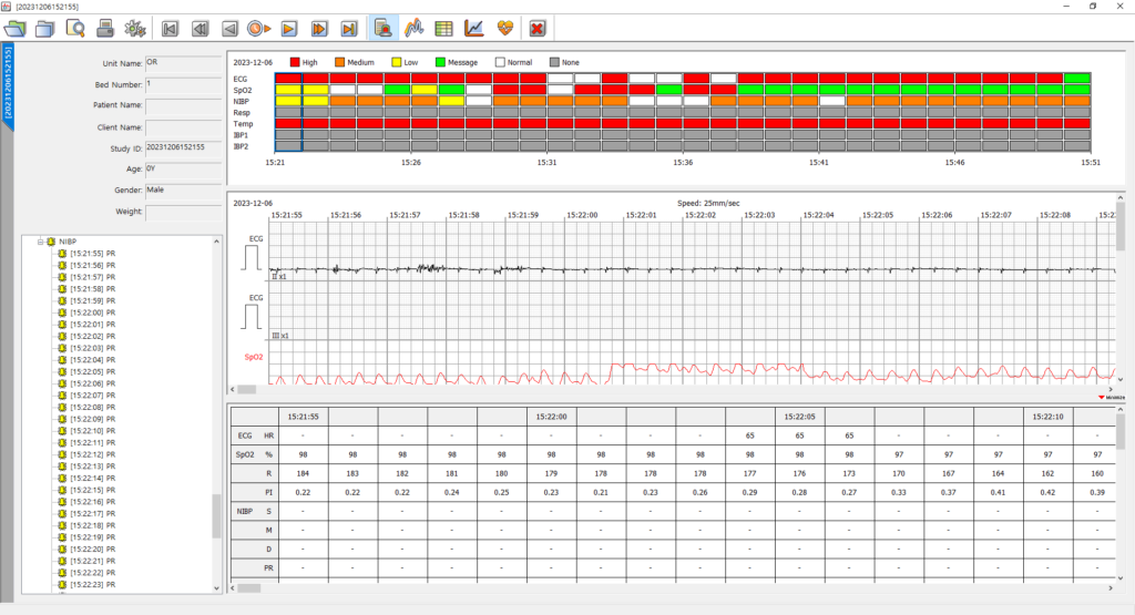 bt-link-next-recorded-data-review-alarm-history-numeric-table BT-Link Next recorded data review showing patient alarm history color map, ECG and SpO2 waveform replay and numeric vital signs table for retrospective veterinary case analysis
