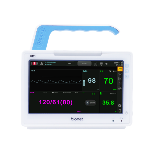 BM1 compact vital signs monitor front view with blue carrying handle and touch screen displaying SpO2, pulse rate, NIBP, and temperature