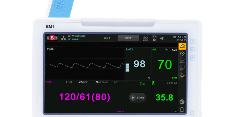 BM1 compact vital signs monitor front view with blue carrying handle and touch screen displaying SpO2, pulse rate, NIBP, and temperature