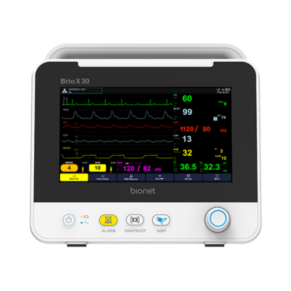 Brio X30 patient monitor front view with 8-inch touchscreen display and vital signs monitoring