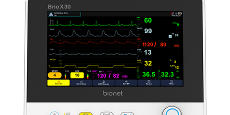Brio X30 patient monitor front view with 8-inch touchscreen display and vital signs monitoring
