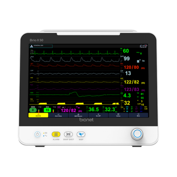 Brio X50 patient monitor front view with 12.1-inch capacitive touch display and vital signs monitoring