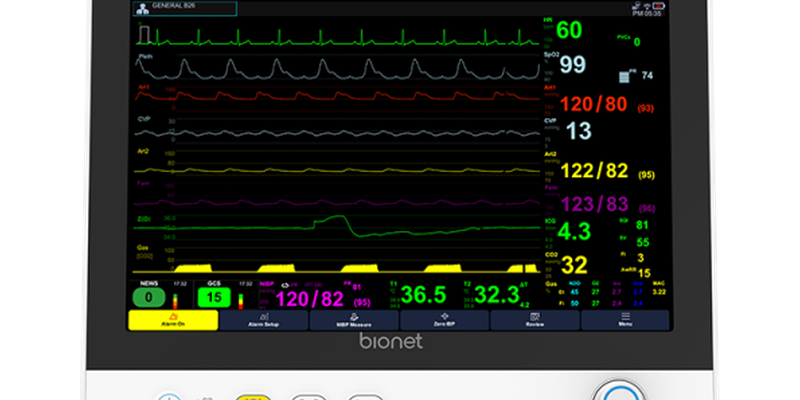 Brio X50 patient monitor front view with 12.1-inch capacitive touch display and vital signs monitoring