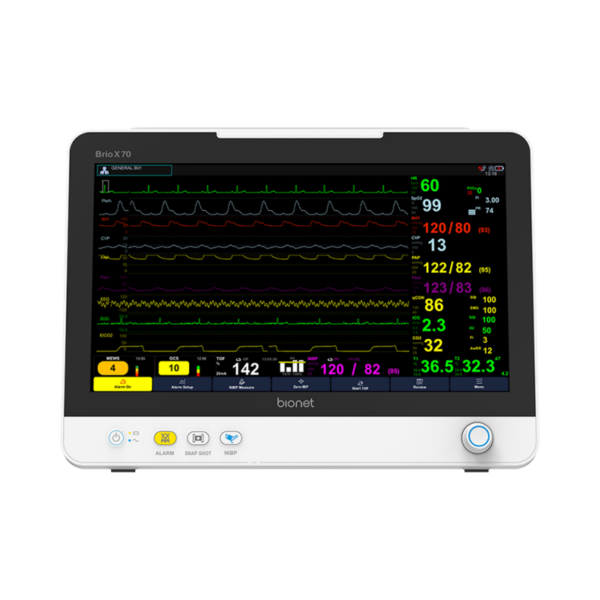 brio-x70-patient-monitor-front-view Brio X70 patient monitor front view with 15.6-inch capacitive touch display and vital signs monitoring