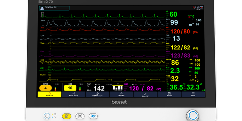 Brio X70 patient monitor front view with 15.6-inch capacitive touch display and vital signs monitoring