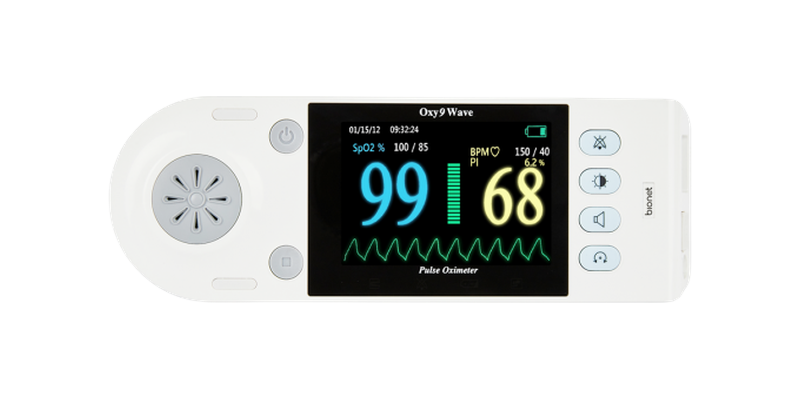 Oxy9wave handheld pulse oximeter landscape view with Oxy9 Wave brand display showing SpO2 99 percent and pulse rate 68 BPM with plethysmography waveform