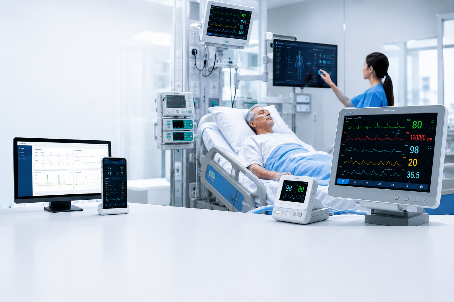 Bionet Comprehensive Connected Care — patient monitor + central station + EMR diagram