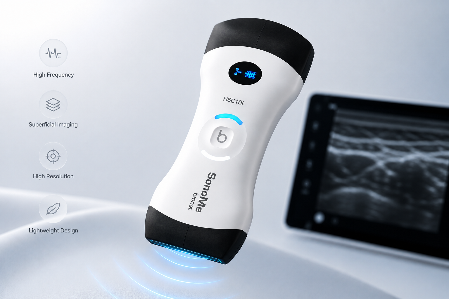 Wireless high-frequency ultrasound probe designed for superficial imaging, vascular assessment, musculoskeletal examinations, and small parts diagnostics