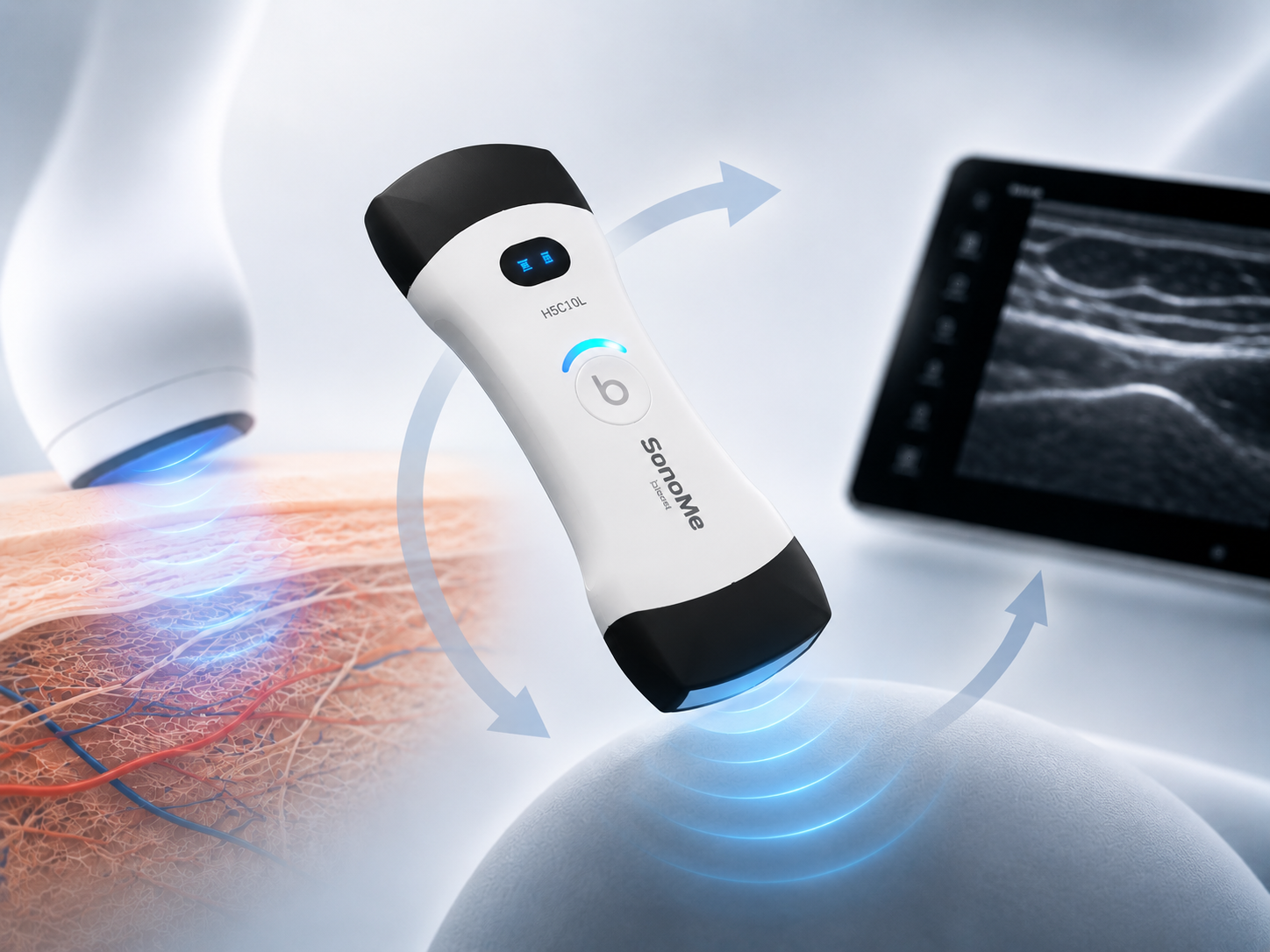 Wireless dual-head ultrasound probe enabling seamless transitions between superficial and deep tissue imaging across multiple clinical applications
