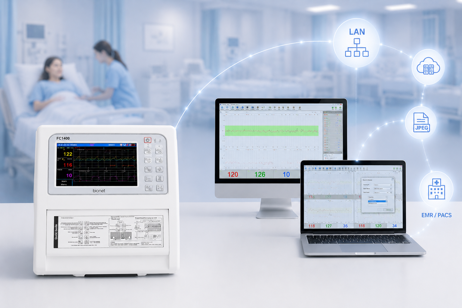 Fetal monitoring system connected to a central monitoring platform with EMR and PACS integration for maternal and fetal care.