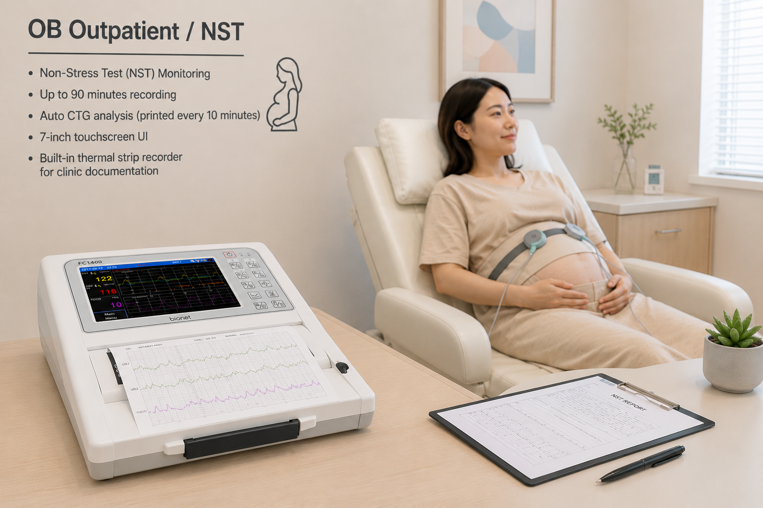 Pregnant woman undergoing a non-stress test (NST) using a fetal monitoring system in an obstetric outpatient clinic.