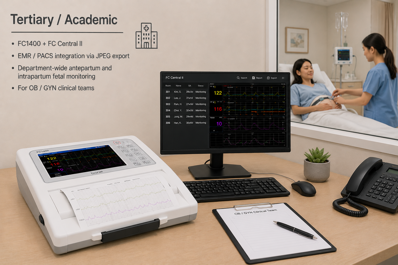 Central fetal monitoring system integrating FC1400 monitors with FC Central software for hospital-wide maternal and fetal surveillance