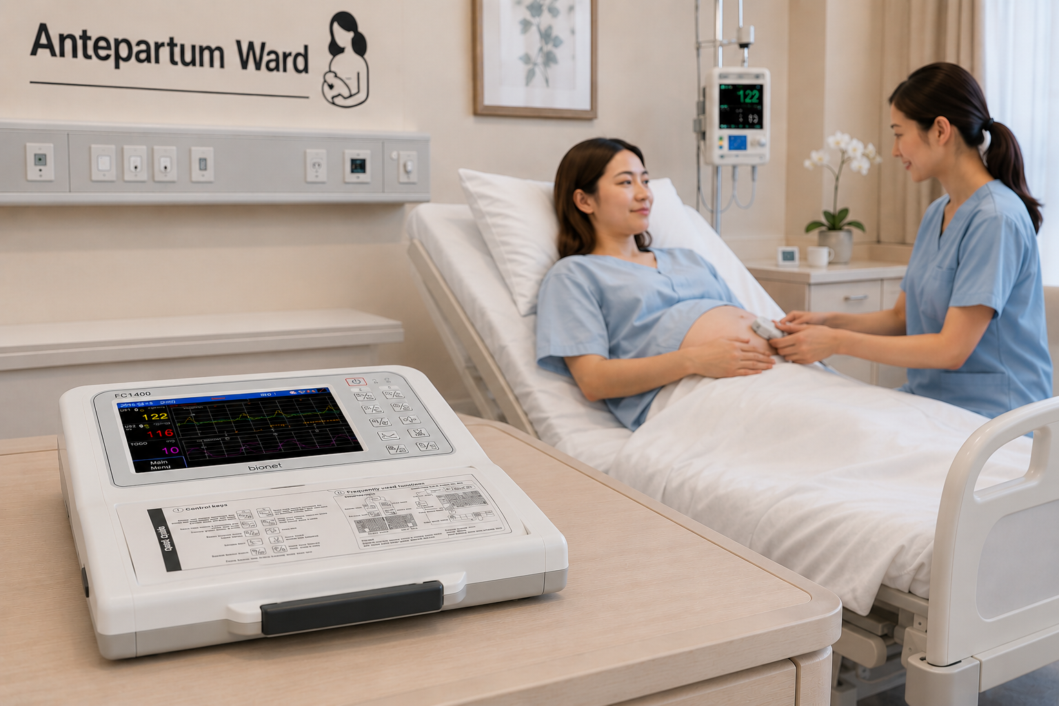 Fetal monitoring system used in an antepartum ward to monitor fetal heart rate and maternal conditions during pregnancy care