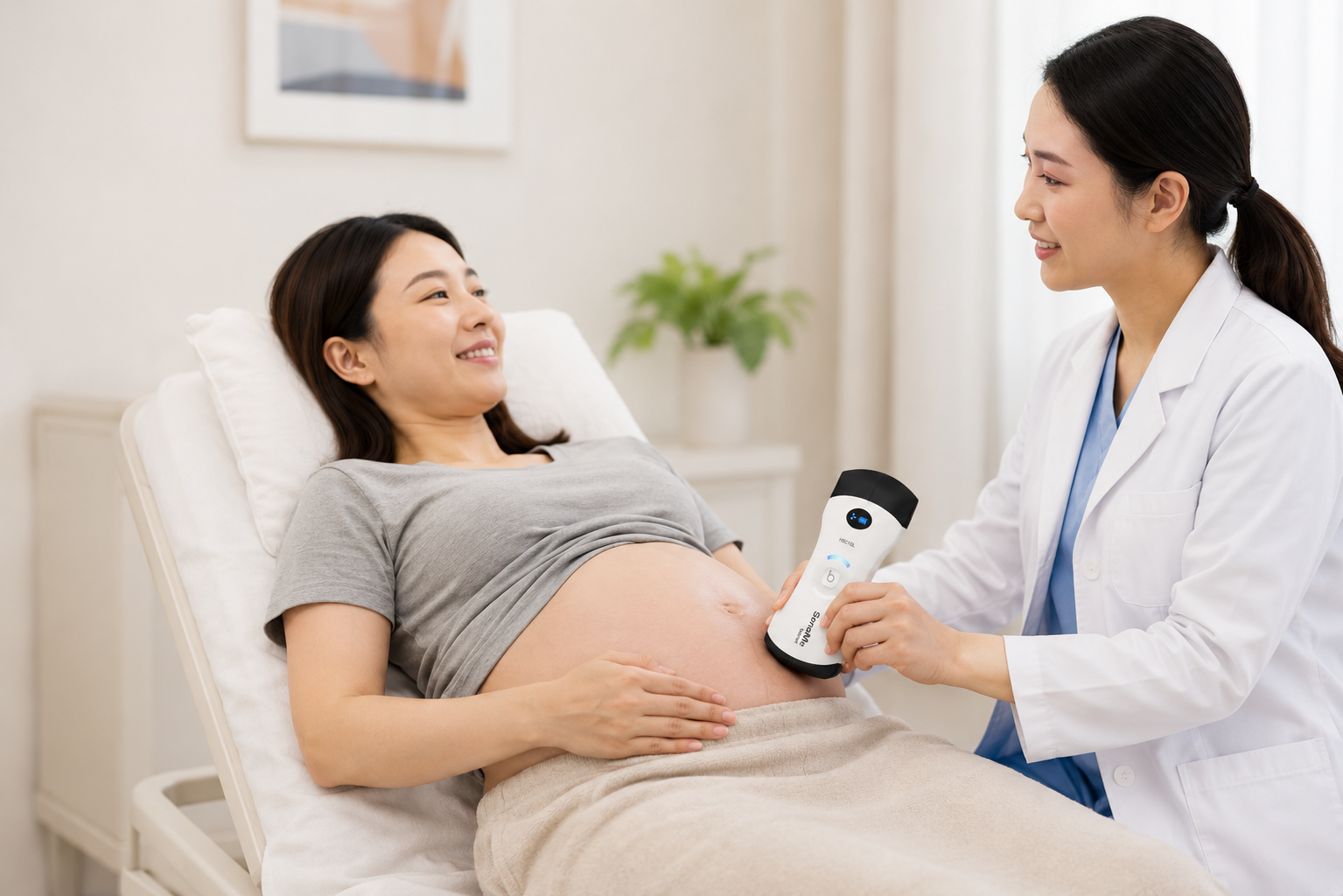 Healthcare professional performing an OB/GYN ultrasound examination using a wireless convex array ultrasound device for maternal and fetal assessment