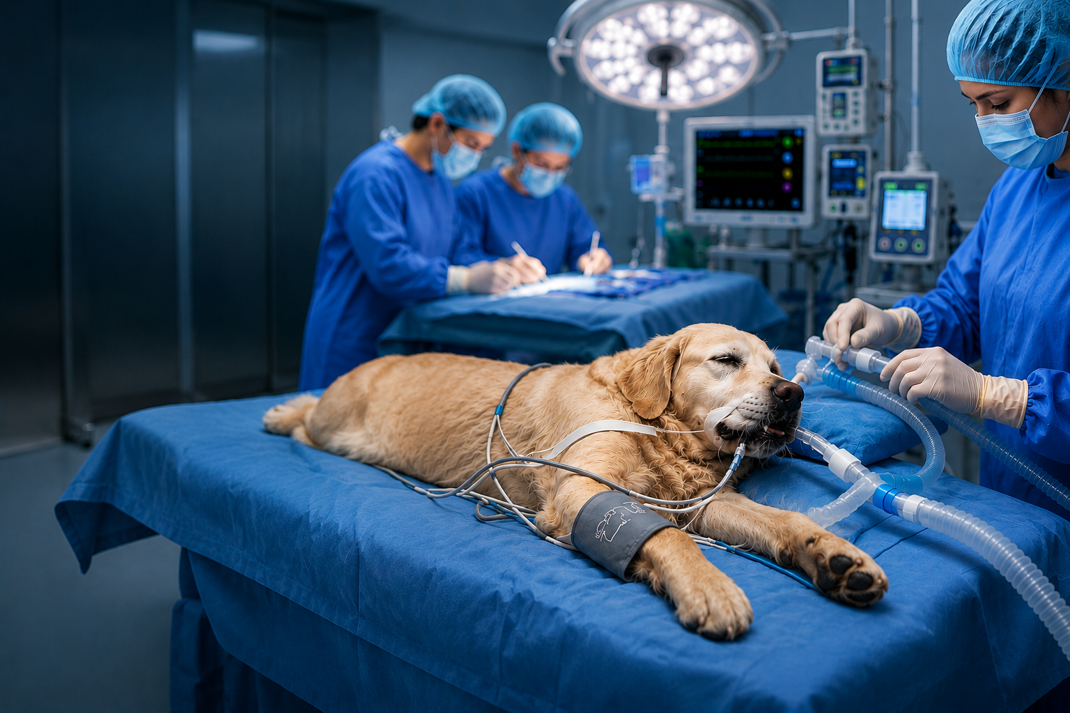 Surgical and ICU Monitoring for Veterinary Critical Care Veterinary critical care environment featuring a dog under anesthesia with continuous multi-parameter monitoring during surgery and ICU recovery