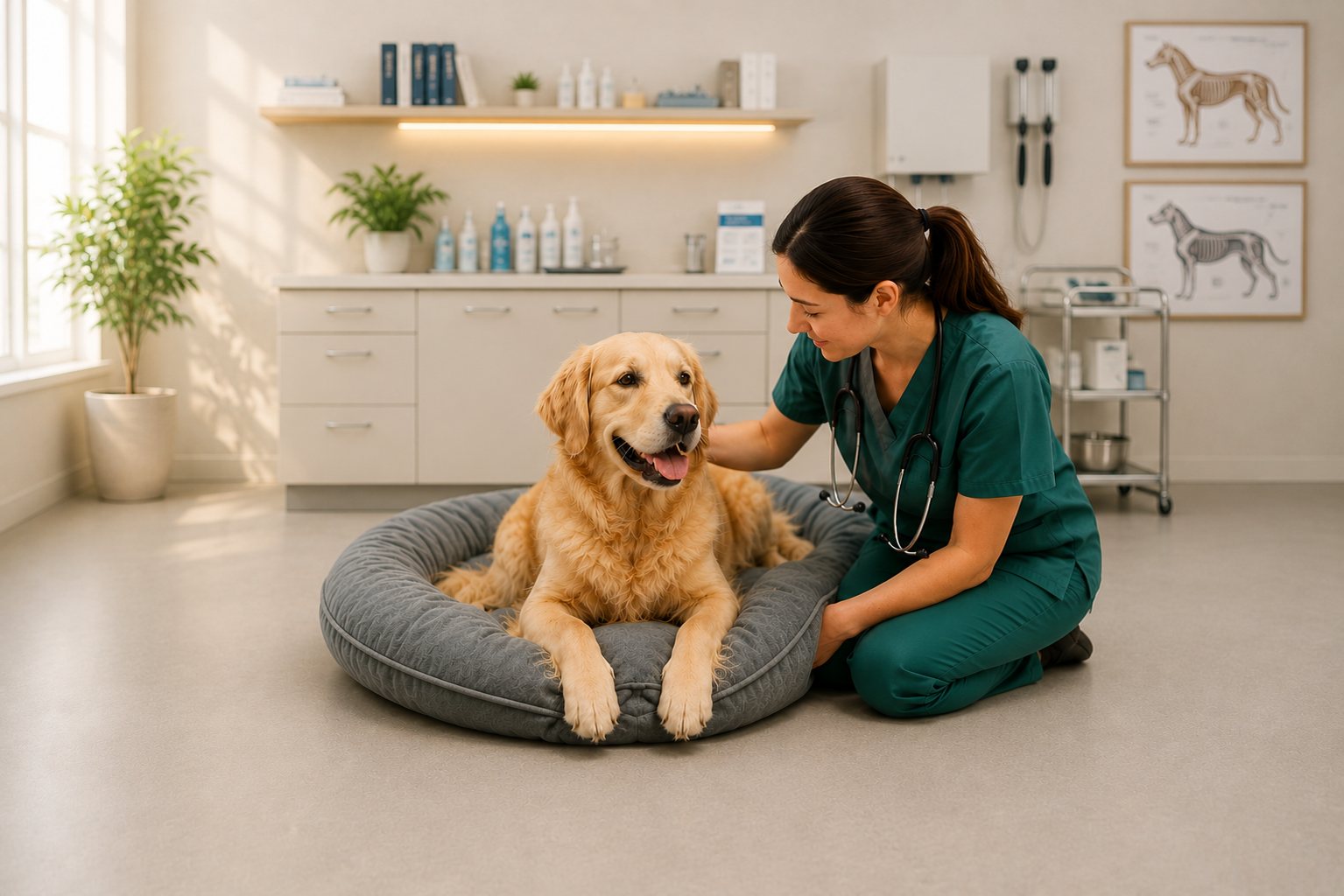 Veterinary Recovery Monitoring and Post-Operative Care Veterinary recovery care environment supporting post-operative monitoring, wellness assessment, and companion animal rehabilitation