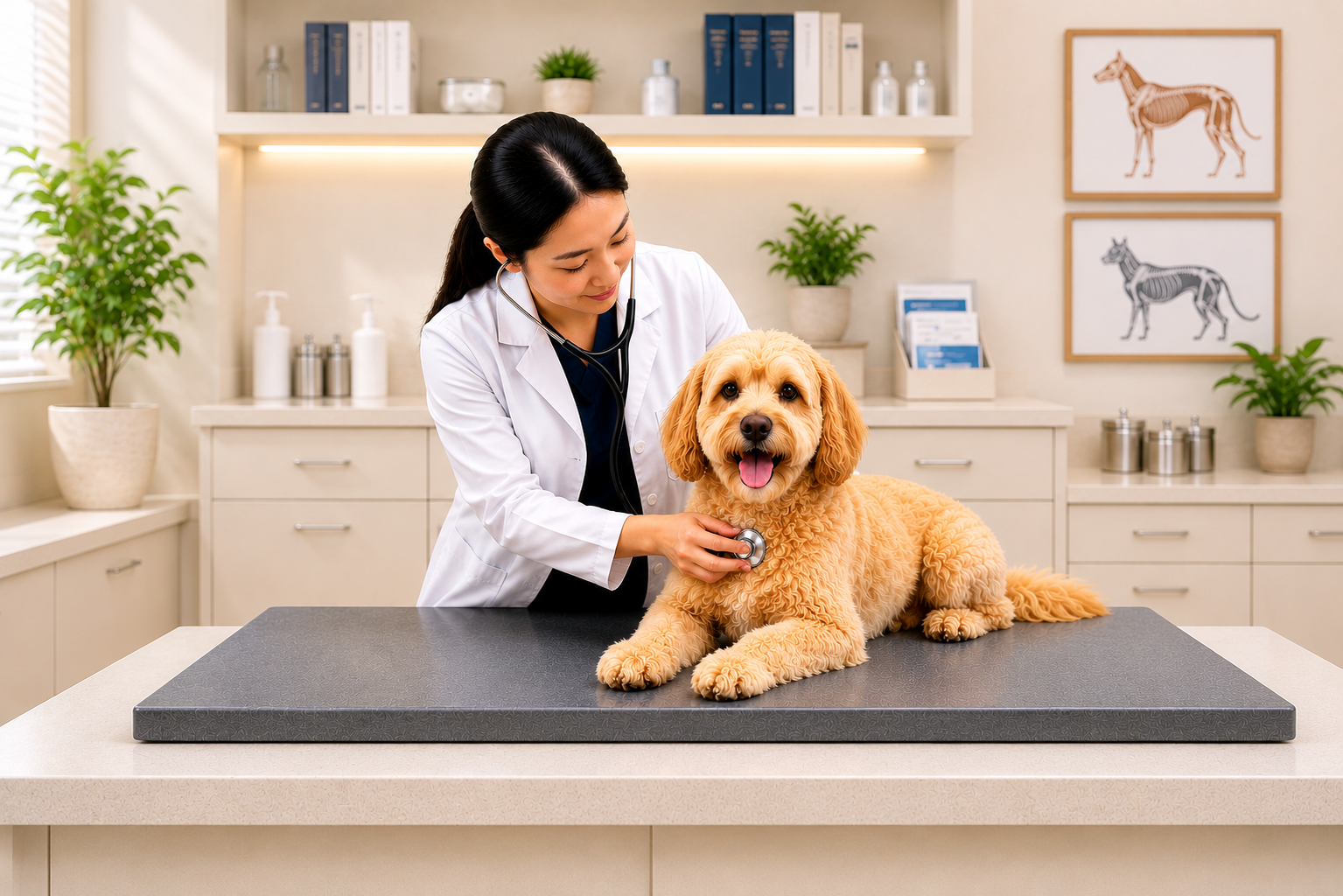 Small Animal Clinic and Companion Animal Care Veterinary professional examining a dog during a wellness checkup in a small animal clinic providing companion animal healthcare services