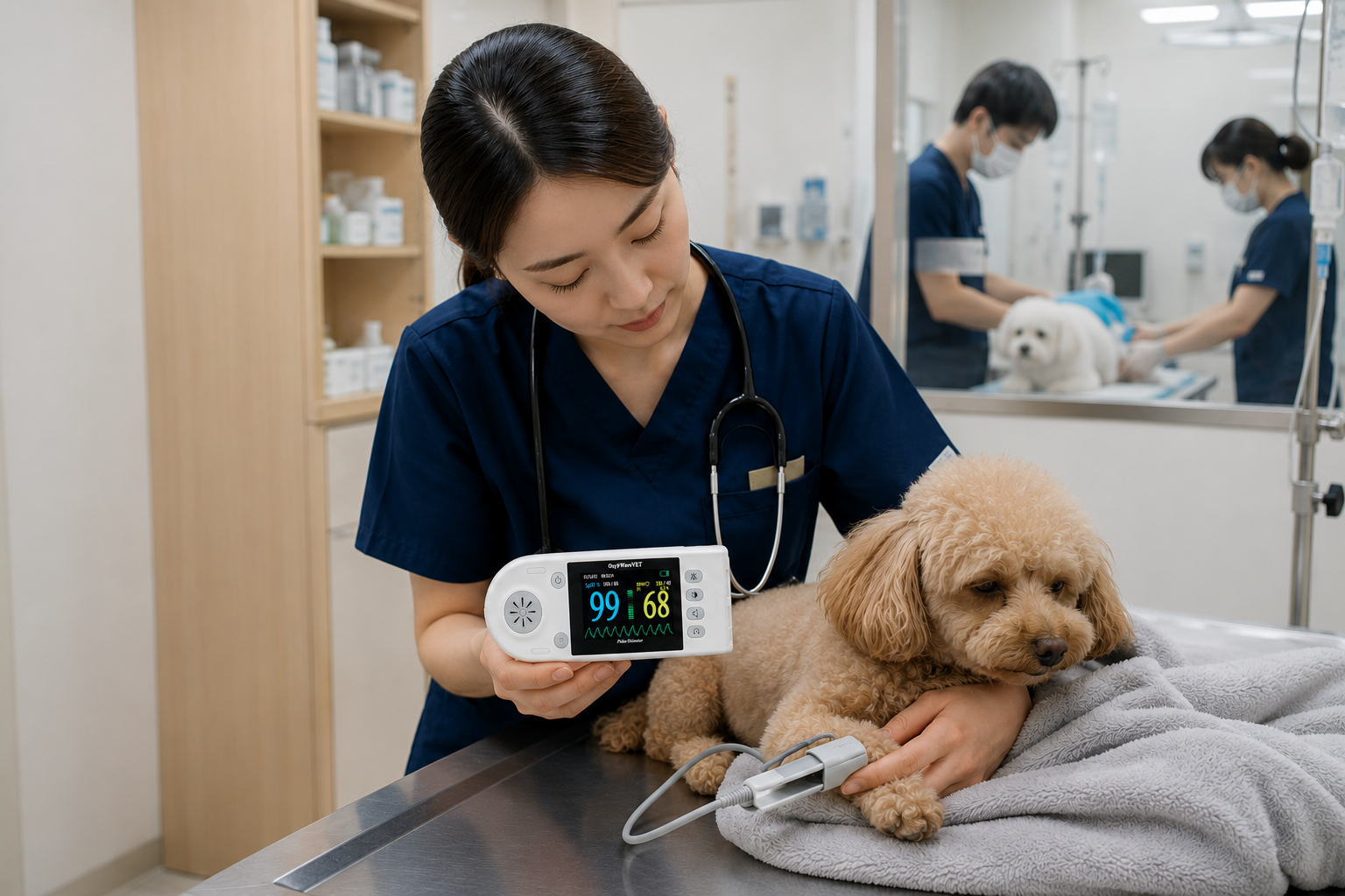 Oxy9waveVET Handheld Veterinary Pulse Oximeter for Spot-Check Monitoring Veterinarian using Oxy9waveVET handheld pulse oximeter to measure SpO₂ and pulse rate in a small dog during recovery monitoring in a veterinary clinic