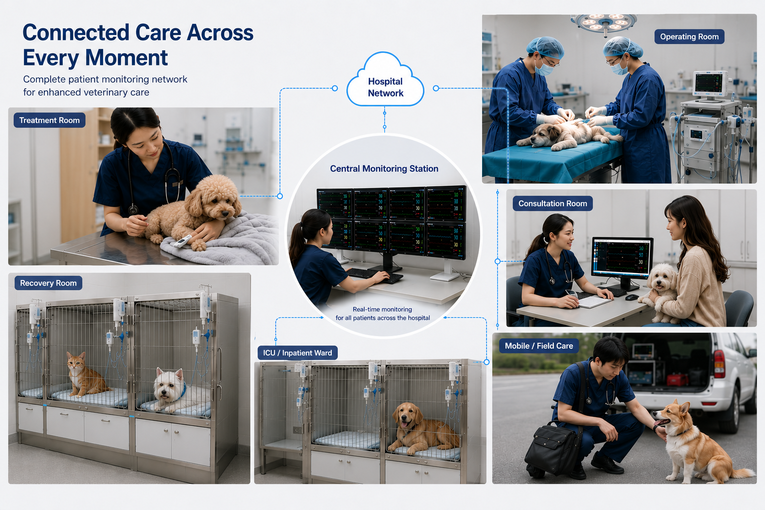Veterinary Central Monitoring Station for Clinic-Wide Networking BT-Link Next veterinary central monitoring station connecting treatment rooms, operating rooms, ICU wards, recovery veterinary care through a clinic-wide monitoring network with HL7 integration