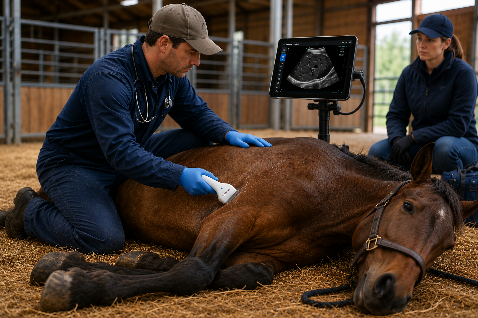 Equine Veterinary Ultrasound Examination with Portable Wireless Imaging System Veterinarian performing a portable ultrasound examination on a horse using a wireless veterinary ultrasound system in a stable environment