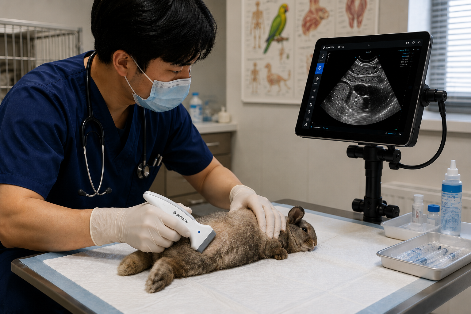 Point-of-Care Ultrasound Imaging for Small and Exotic Animal Practice Veterinarian performing a handheld wireless ultrasound examination on a small aninmal with real-time diagnostic imaging displayed on a portable monitor